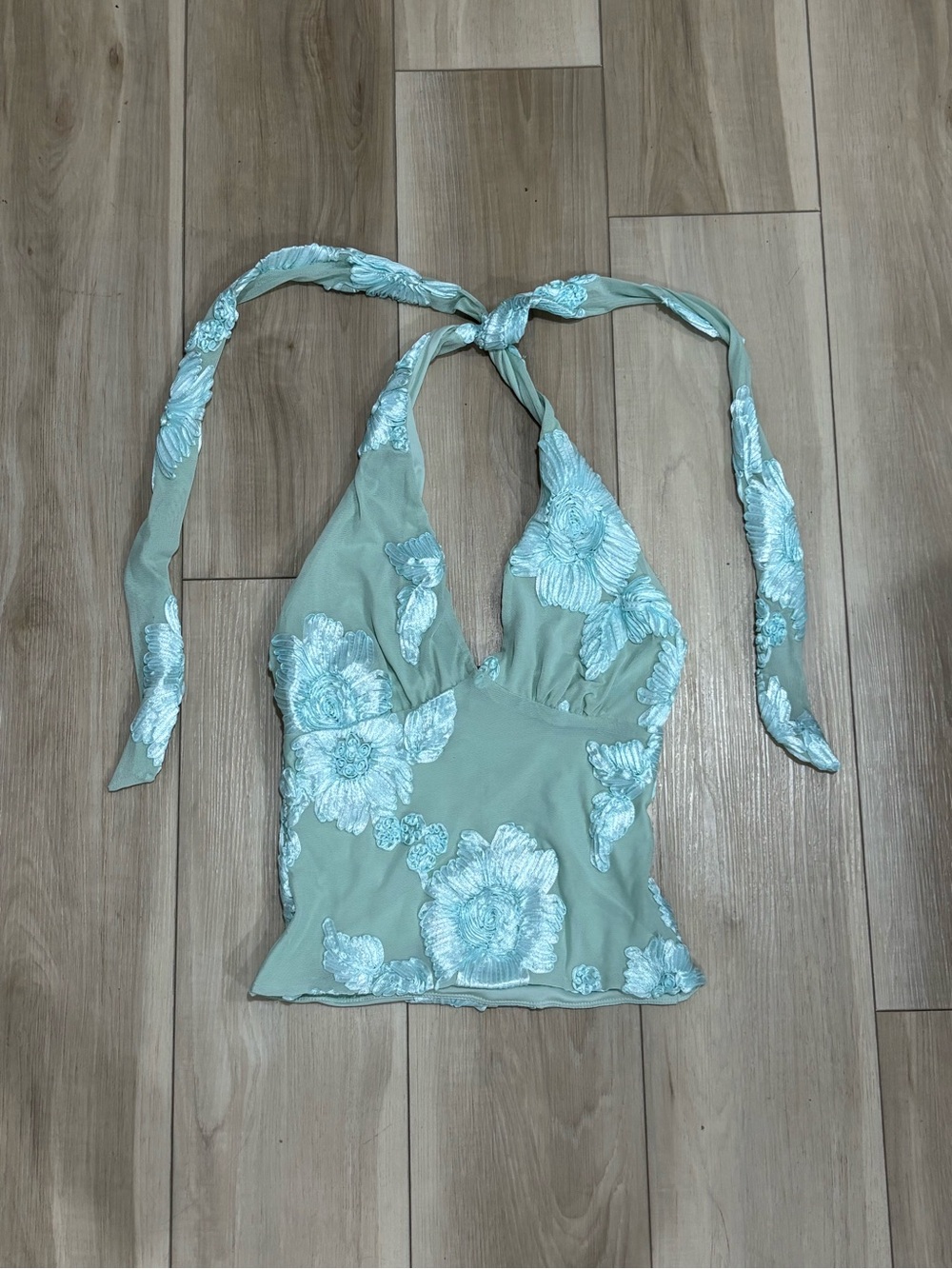 Floral Embroidered Halter Camisole in Sage Green